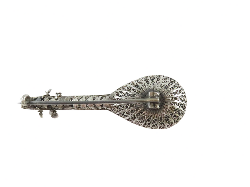 Victorian Sterling Silver Filigree Mandolin Brooch Pin Musical Instrument Brooch Back View