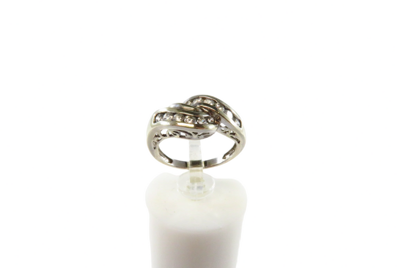 14K White Gold MEDA Crossover Ring with 12 Channel Set Cubic Zirconia Sz 4.2 — Jewelry & Watches:Fine Jewelry:Fine Rings:Gems