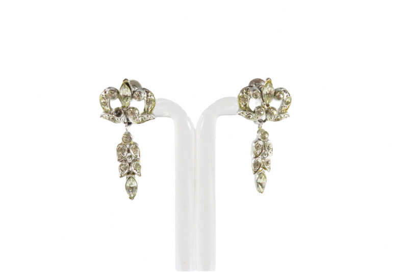 Coro White Metal Clear Stone Art Deco Style Dangle Screw Back Earrings — Earrings — front view