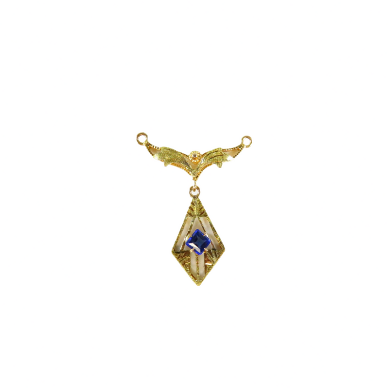 10K Yellow Gold Art Nouveau Style Lavalier Pendant Blue Paste Stone