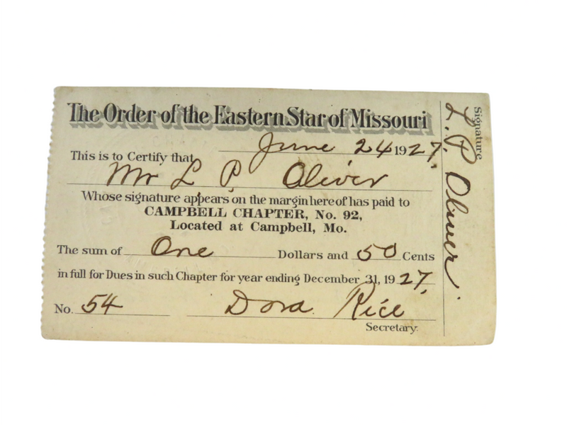 1927 The Order of the Eastern Star of Missouri No92 Campbell MO Lloyd P Oliver Membership Card