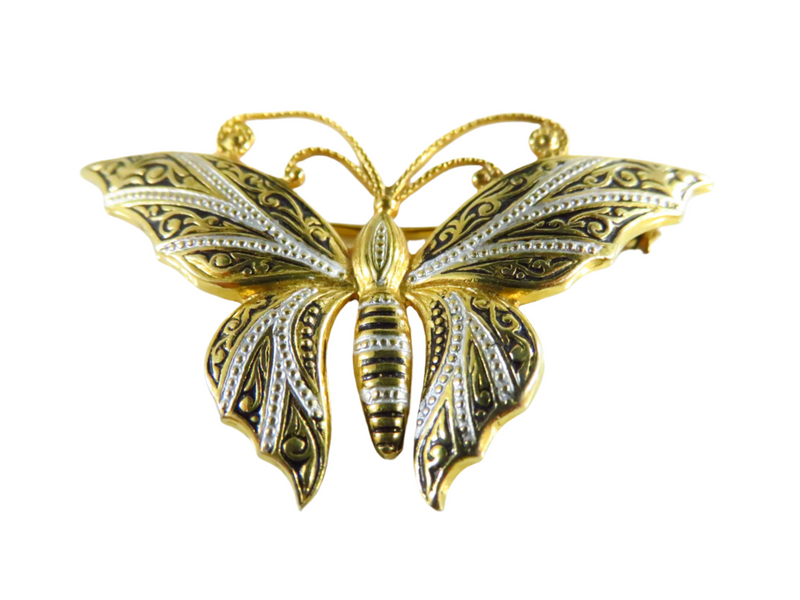 Vintage Style Damascene Butterfly Brooch Gold Gilt Black White  1 3/4" Wide