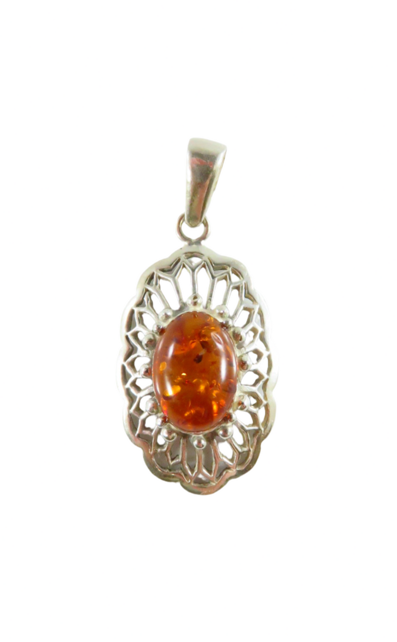 Sterling Baltic Amber Pendant 925 Pierced Frame 1 3/4" Drop