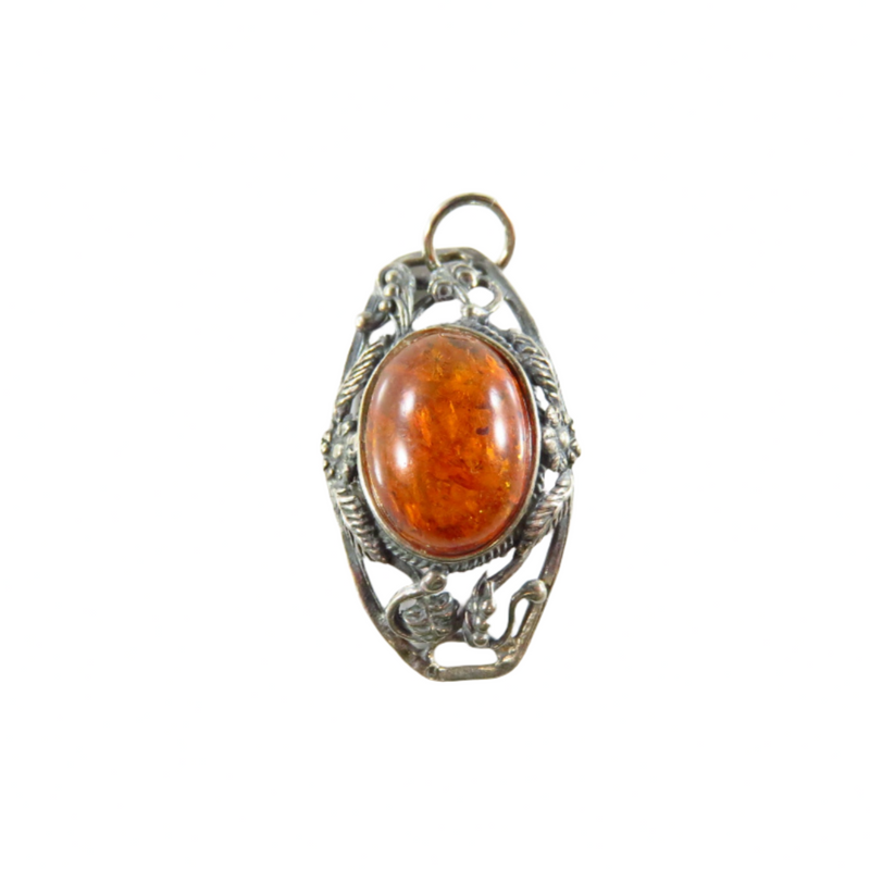 Mid Century Style Sterling Baltic Amber Pendant 925 Pierced Frame