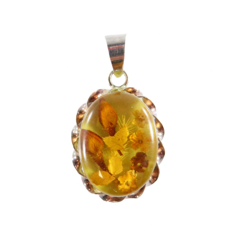 Vintage Pressed Flower Pendant Brooch Sterling Silver Amber Glass