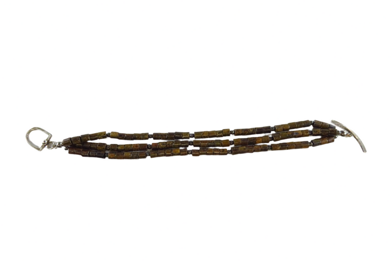 7 1/2" Triple Strand Bronzite 4mm Tube Sterling Silver Beaded Toggle Bracelet — Sterling Silver, Silver — front view