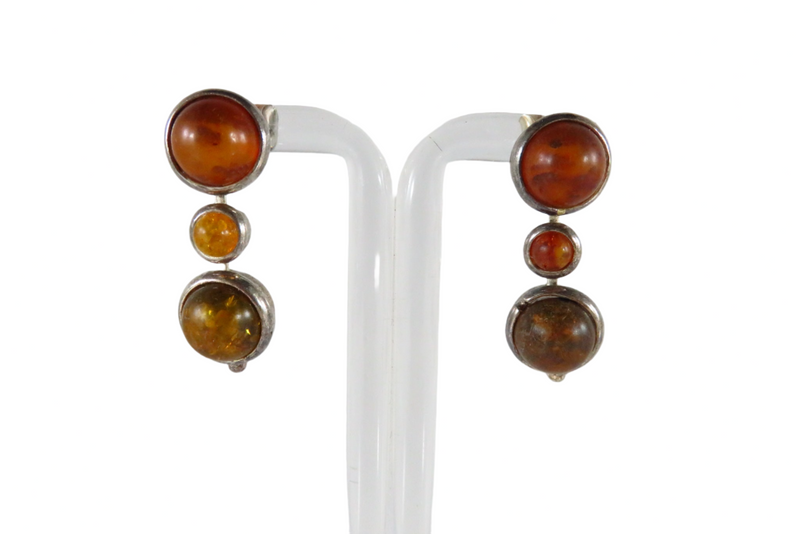 Vintage Dangling Amber Earrings 3 Level Post Earring Unsigned Testing Silver