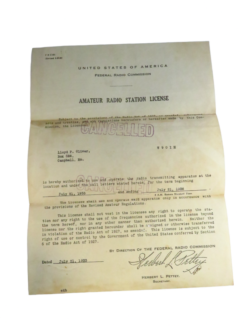 Cancelled 1933 Amateur Radio Station License FRC Facsimile Signed Herbert L Pettey