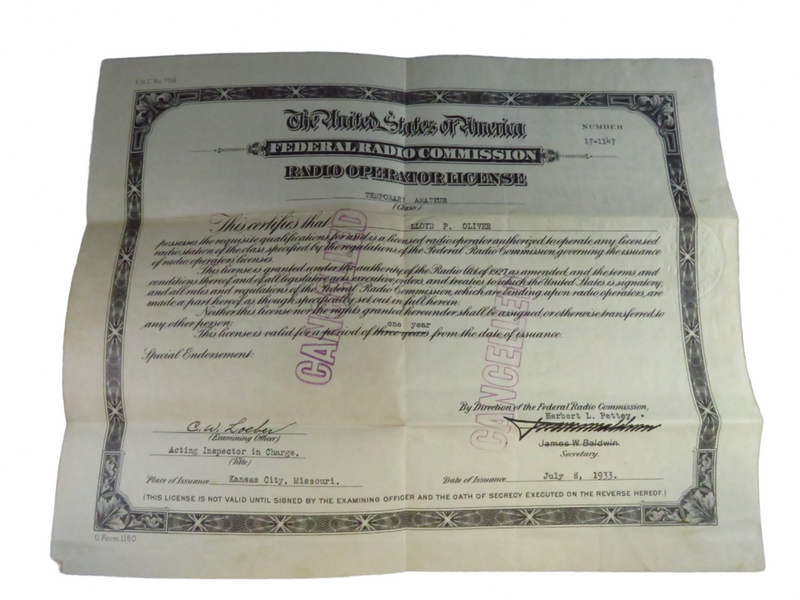 Cancelled 1933 Federal Radio Commission Radio Operator License Certificate — front view