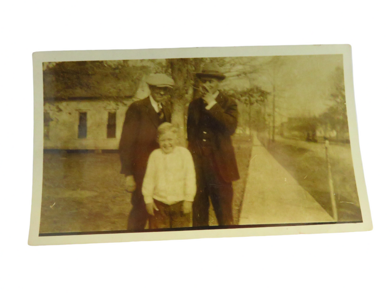 c1920's Old Man, Middle Aged Man and Laughing Boy Photograph 4 1/4 x 2 1/2 — front view