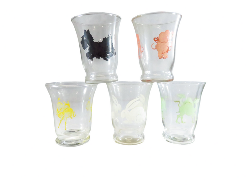 Assortment of 5 Animal Decorated Juice Glasses Approx 4 ounce