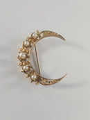 Vintage 14K Gold Pearl Crescent Moon Brooch Pin Signed SB Sydney Berman Co Mid Century Victorian Revival