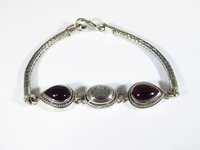 6 3/8" Harley Davidson Sterling Cabochon Garnet Wheat Barley Chain Bracelet