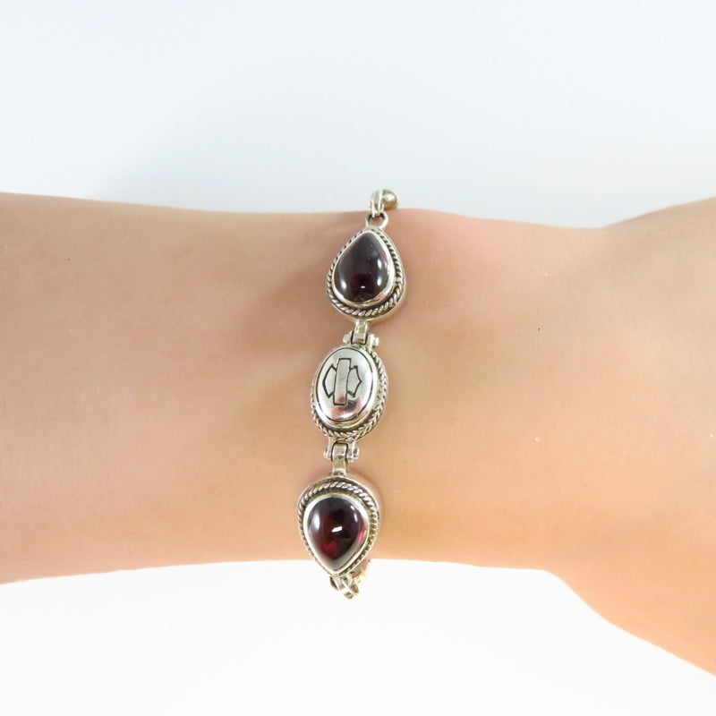 6 3/8" Harley Davidson Sterling Cabochon Garnet Wheat Barley Chain Bracelet — Jewelry & Watches:Vintage & Antique Jewelry:Fin