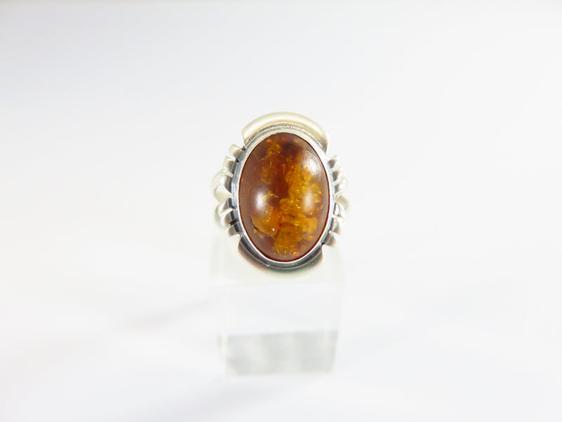 Southwestern Style Sterling Setting Oval Amber Sawed Edge Ring 6