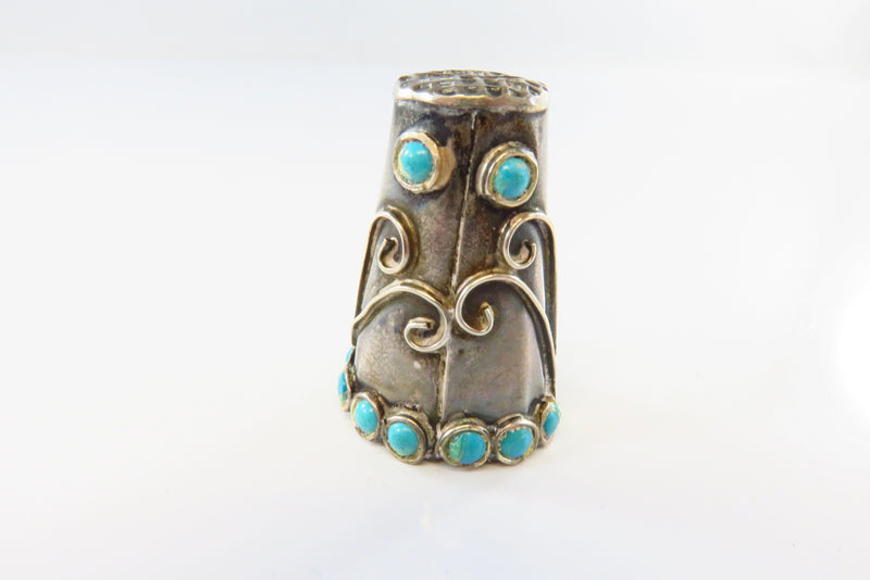 Vintage Sterling Silver Sewing Thimble Sz 11 Turquoise Accented Eagle 3 JMA