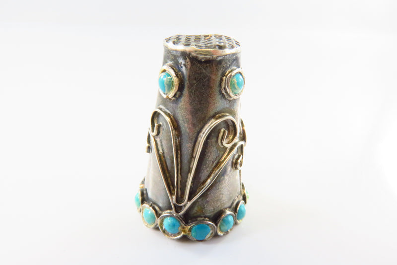 Vintage Sterling Silver Sewing Thimble Sz 11 Turquoise Accented Eagle 3 JMA