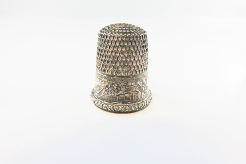 Antique Chamfered Foliate Design Size 9 Sterling Sewing Thimble Bell Makers Mark