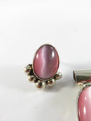 Vintage Mexico 925 Sterling Silver Pink Cat’s Eye Glass Pendant & Earrings Set, Taxco Style
