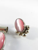 Vintage Mexico 925 Sterling Silver Pink Cat’s Eye Glass Pendant & Earrings Set, Taxco Style