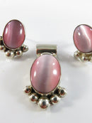 Vintage Mexico 925 Sterling Silver Pink Cat’s Eye Glass Pendant & Earrings Set, Taxco Style