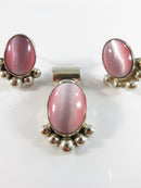 Vintage Mexico 925 Sterling Silver Pink Cat’s Eye Glass Pendant & Earrings Set, Taxco Style