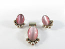 Vintage Mexico 925 Sterling Silver Pink Cat’s Eye Glass Pendant & Earrings Set, Taxco Style