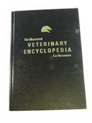 Black leather-bound book titled 'The Illustrated Veterinary Encyclopedia for Horsemen' on a white background