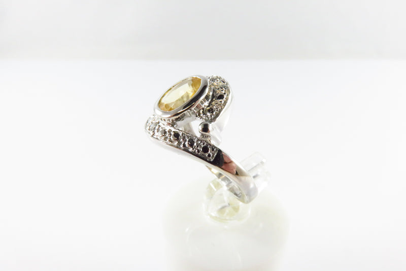 Oval Citrine Crystal Glass Accented Sterling Silver Ring Size 6