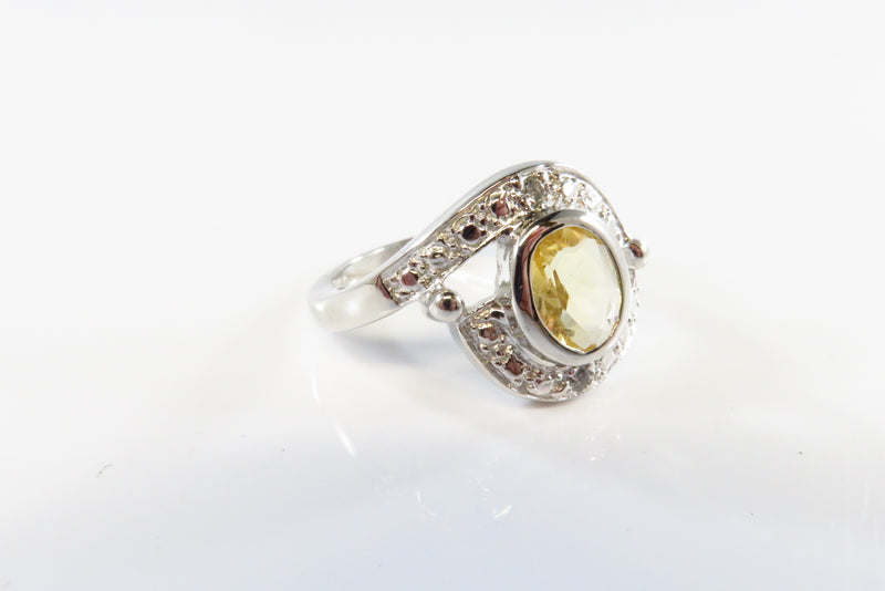 Oval Citrine Crystal Glass Accented Sterling Silver Ring Size 6