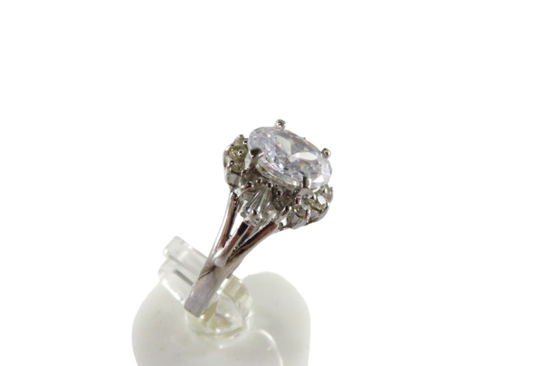 Sparkly Cocktail Halo Party Ring 9x7mm CZ Solitaire With Accents Size 6