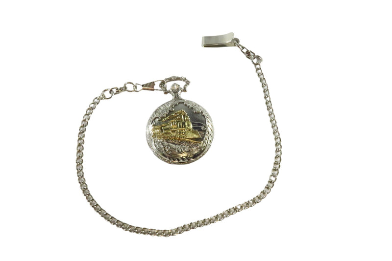 Silvered Quartz Pocket Watch with Chain Gilt Train on Cover Running