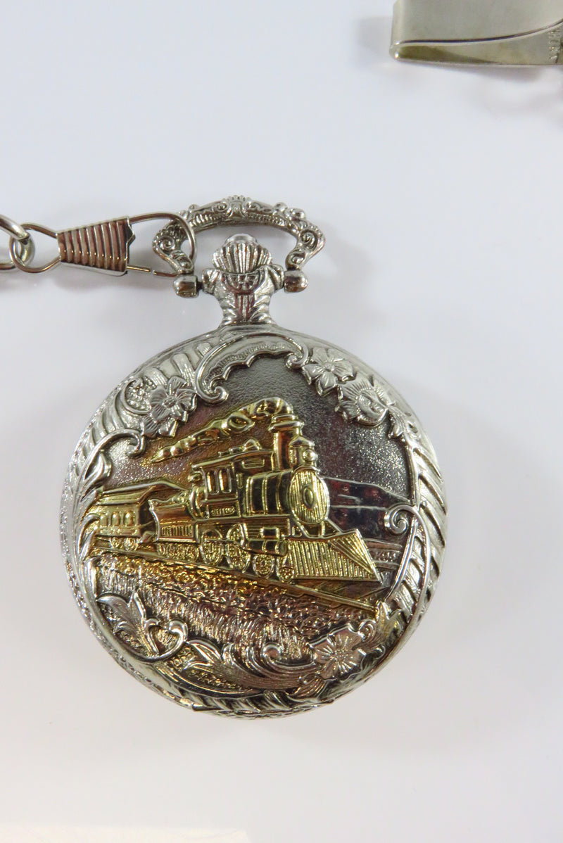 Silvered Quartz Pocket Watch with Chain Gilt Train on Cover Running