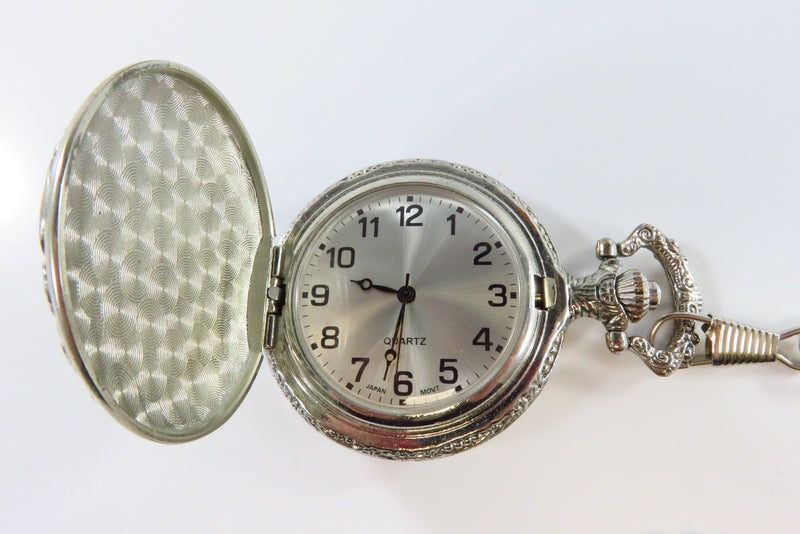 Silvered Quartz Pocket Watch with Chain Gilt Train on Cover Running