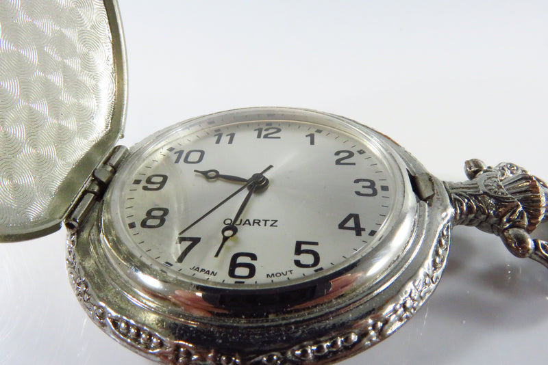 Silvered Quartz Pocket Watch with Chain Gilt Train on Cover Running