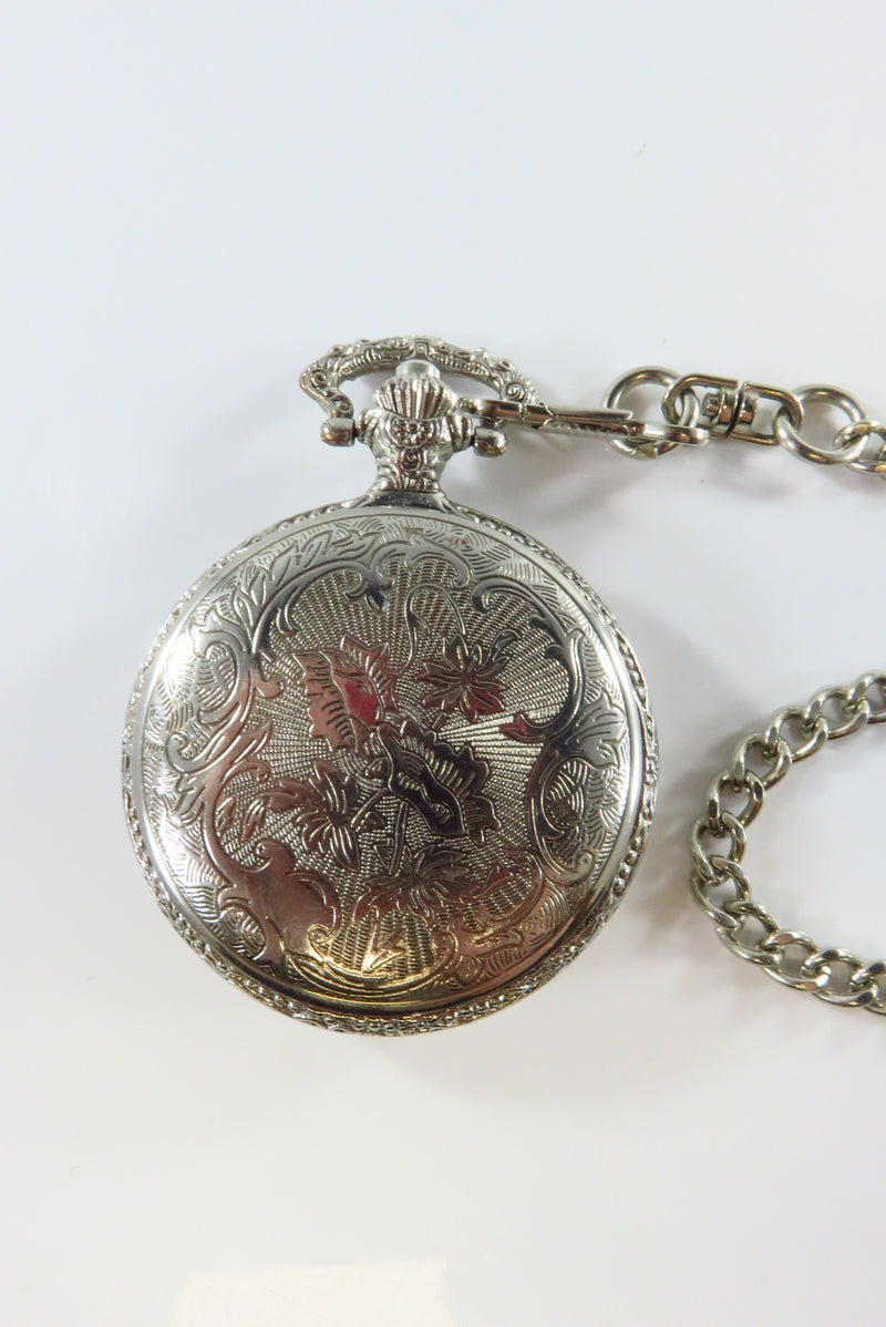 Silvered Quartz Pocket Watch with Chain Gilt Train on Cover Running