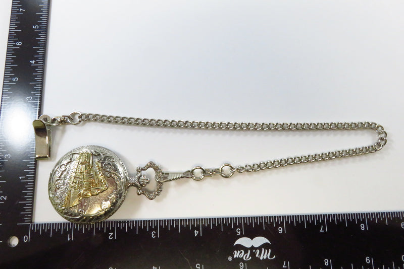 Silvered Quartz Pocket Watch with Chain Gilt Train on Cover Running