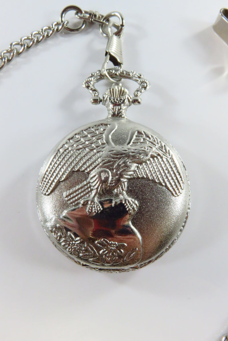 Silvered Quartz Pocket Watch with Chain American Eagle on Cover Running