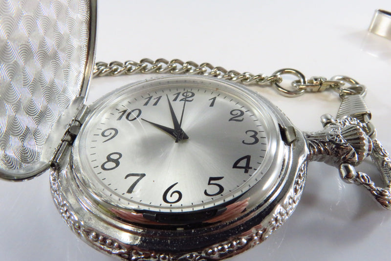 Silvered Quartz Pocket Watch with Chain American Eagle on Cover Runnin