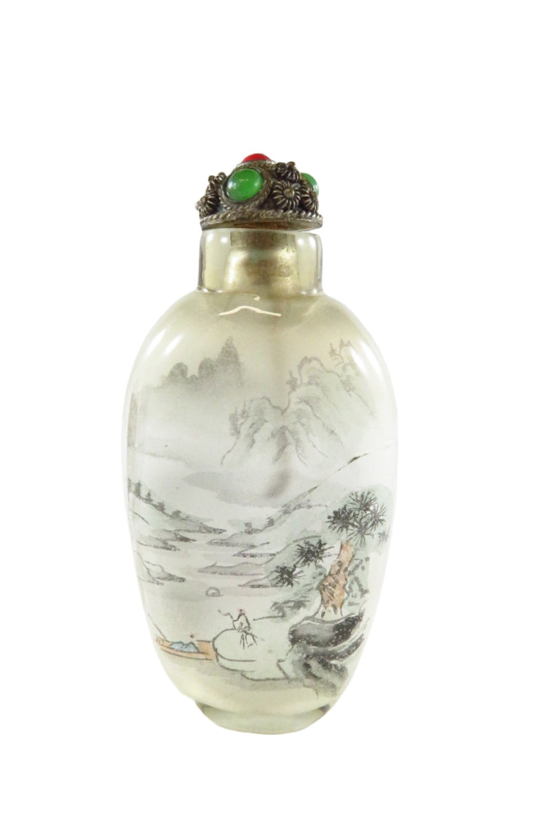 Chinese Reverse Hand Painted Snuff Bottle With Stopper Cracked Glass — front view
