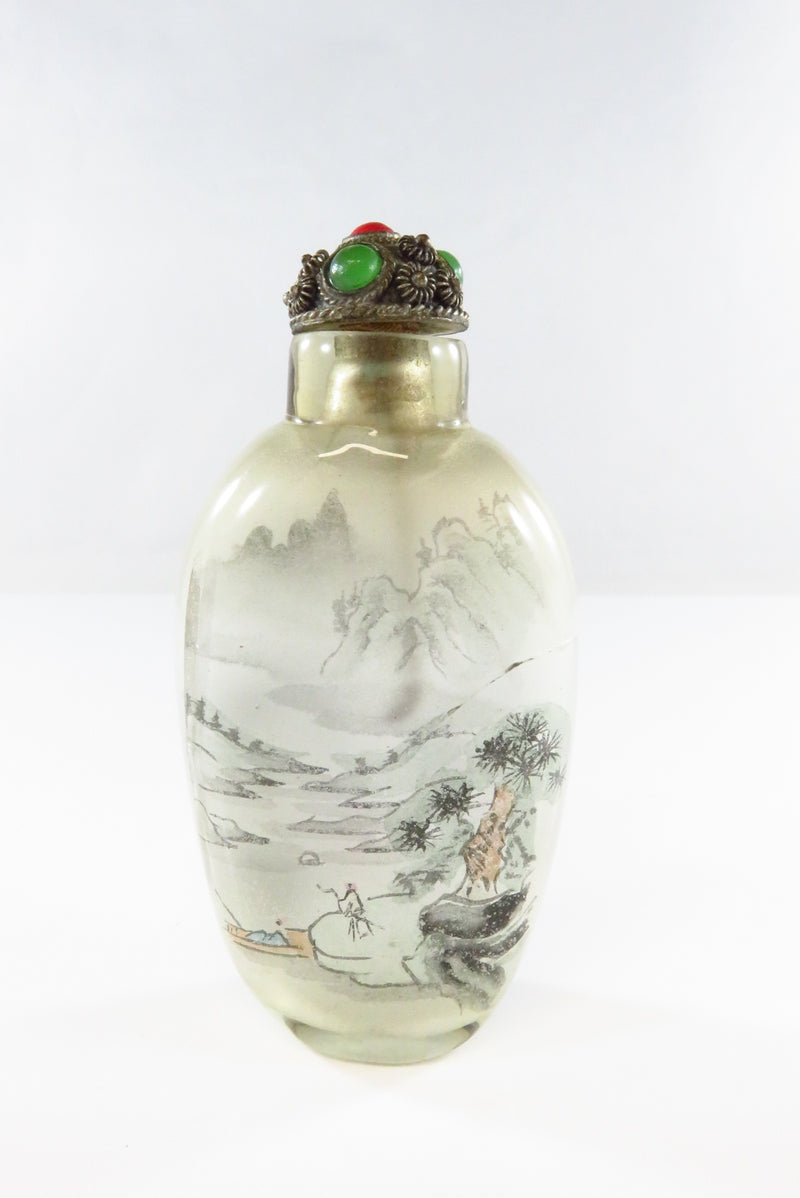 Chinese Reverse Hand Painted Snuff Bottle With Stopper Cracked Glass