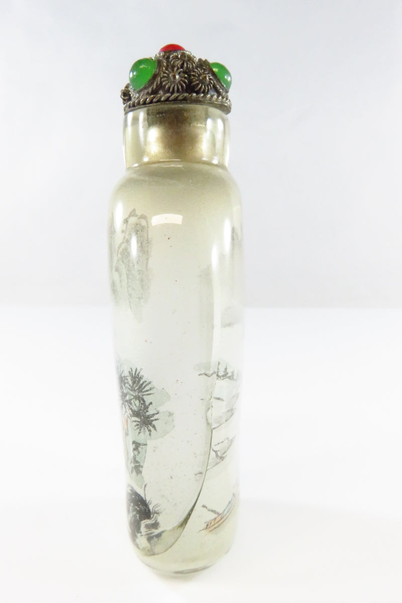 Chinese Reverse Hand Painted Snuff Bottle With Stopper Cracked Glass