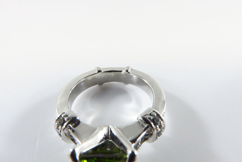 Nice Pre-owned Green Stone Solitaire in White Metal With Crystal Accents