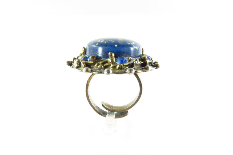 Big Bold Mogul Gilded Metal Blue Stone Surround Blue Resin Adjustable Ring