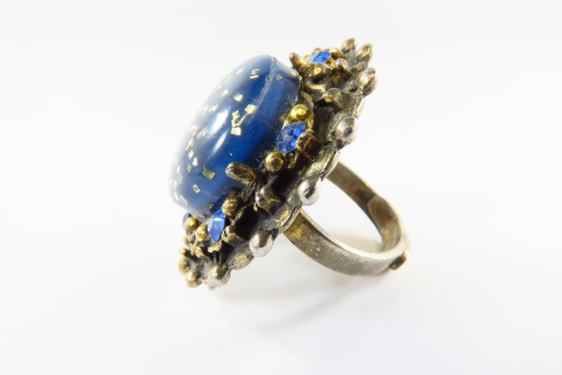 Big Bold Mogul Gilded Metal Blue Stone Surround Blue Resin Adjustable Ring