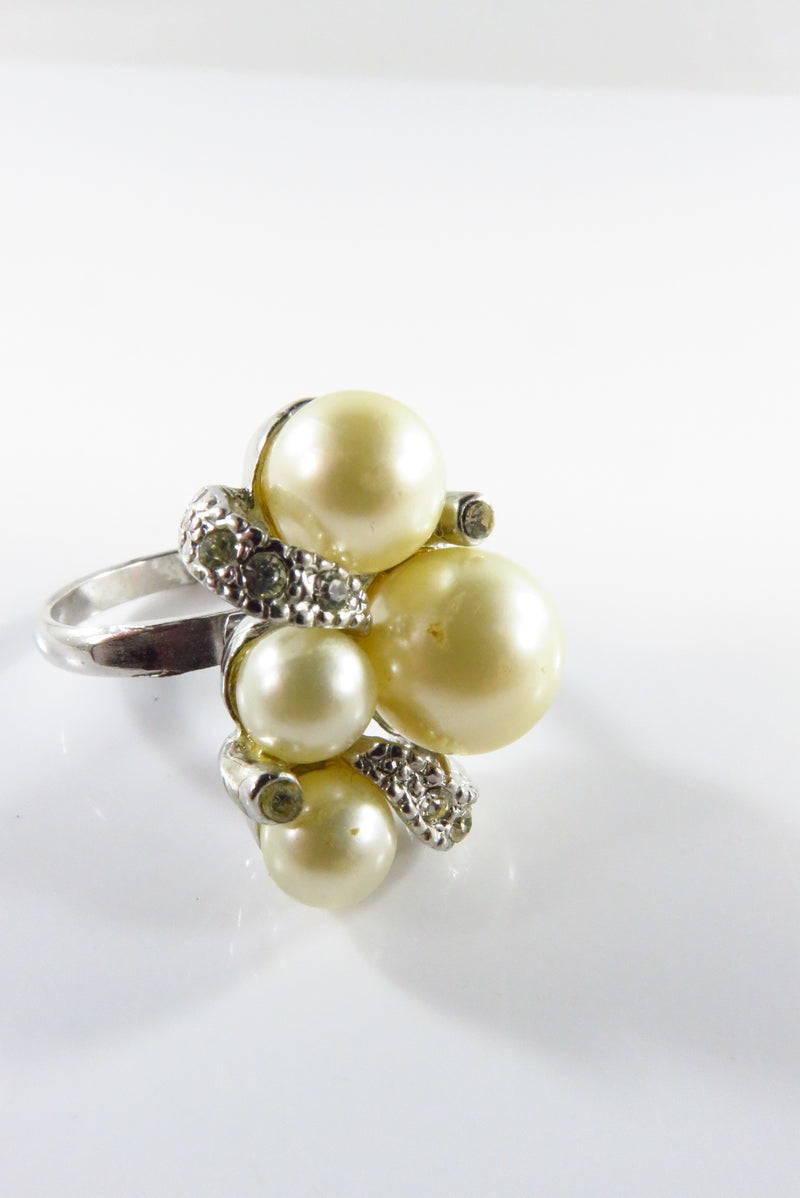 Vintage Adjustable Faux Pearl and Rhinestone Cocktail Ring Size 6 3/4