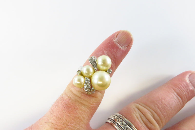 Vintage Adjustable Faux Pearl and Rhinestone Cocktail Ring Size 6 3/4