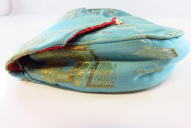 Vintage Japanese Blue Silk Metallic Silk Decorated Clutch with Pocket and Button