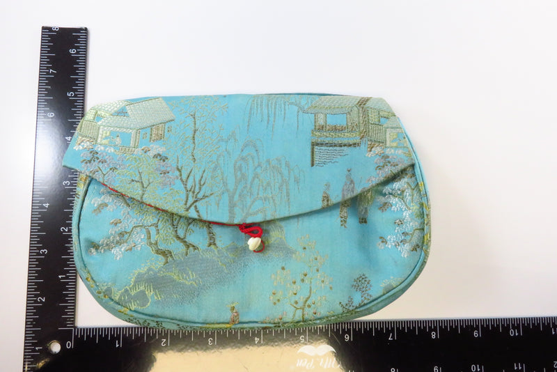 Vintage Japanese Blue Silk Metallic Silk Decorated Clutch with Pocket and Button