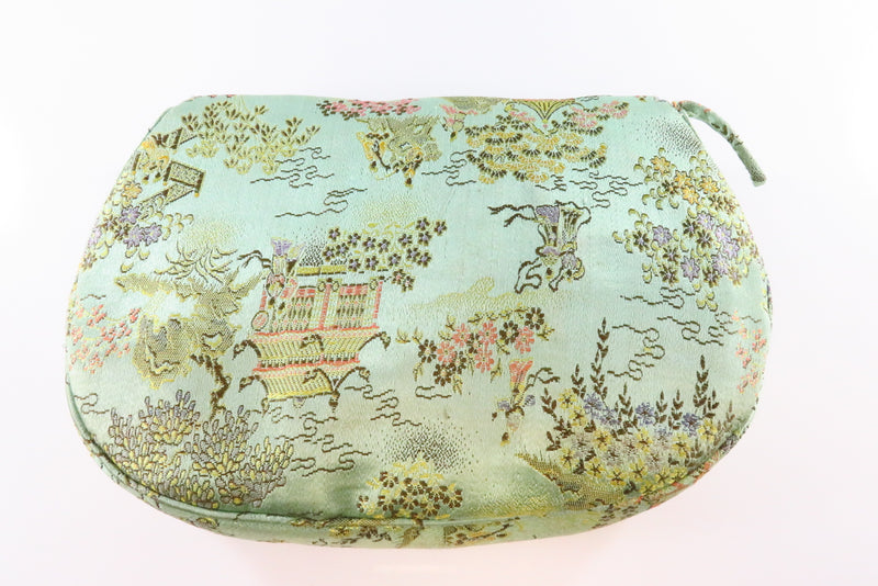 Vintage Japanese Green Silk Metallic Silk Decorated Clutch with Snap Closure